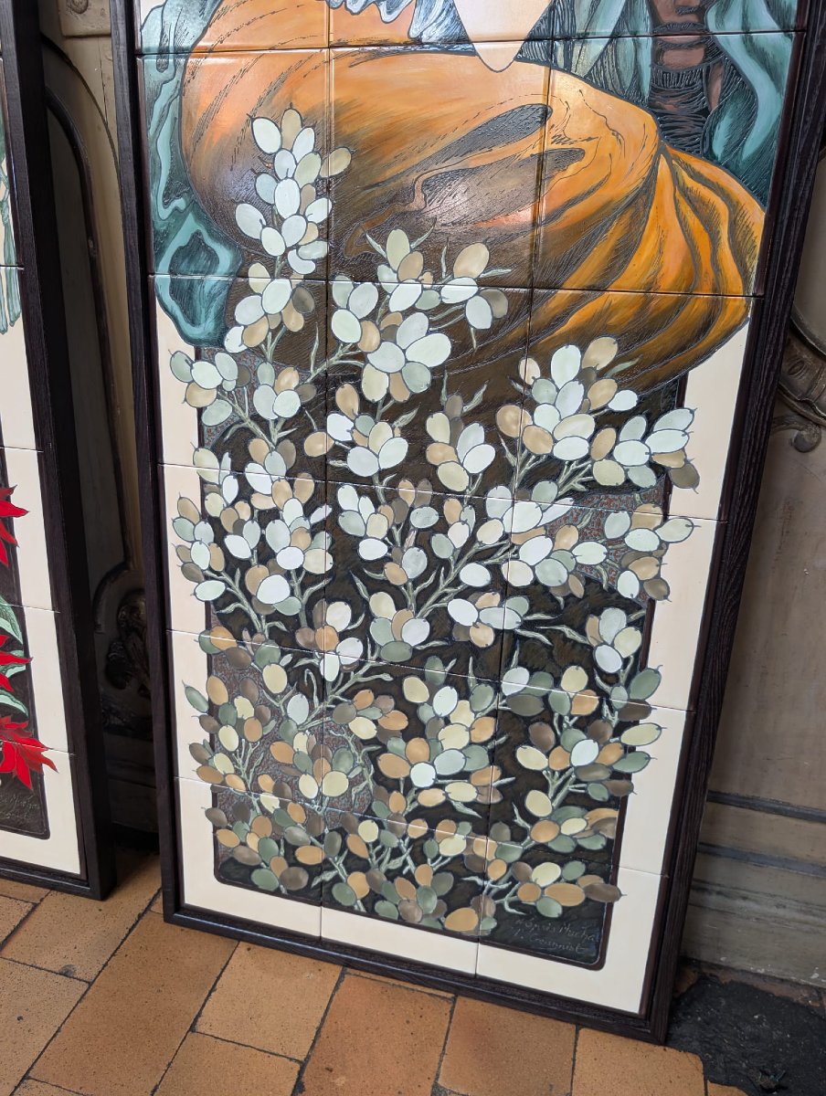 Ensemble de 4 panneaux émaux sur faïence, d’après Mucha « Les Pierres précieuses », 65 x 167 cm-photo-1