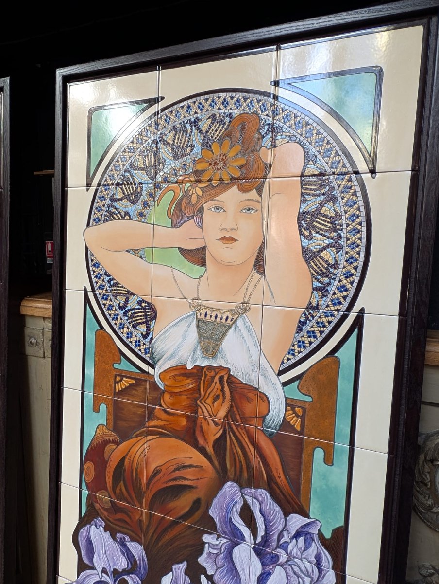 Ensemble de 4 panneaux émaux sur faïence, d’après Mucha « Les Pierres précieuses », 65 x 167 cm-photo-2