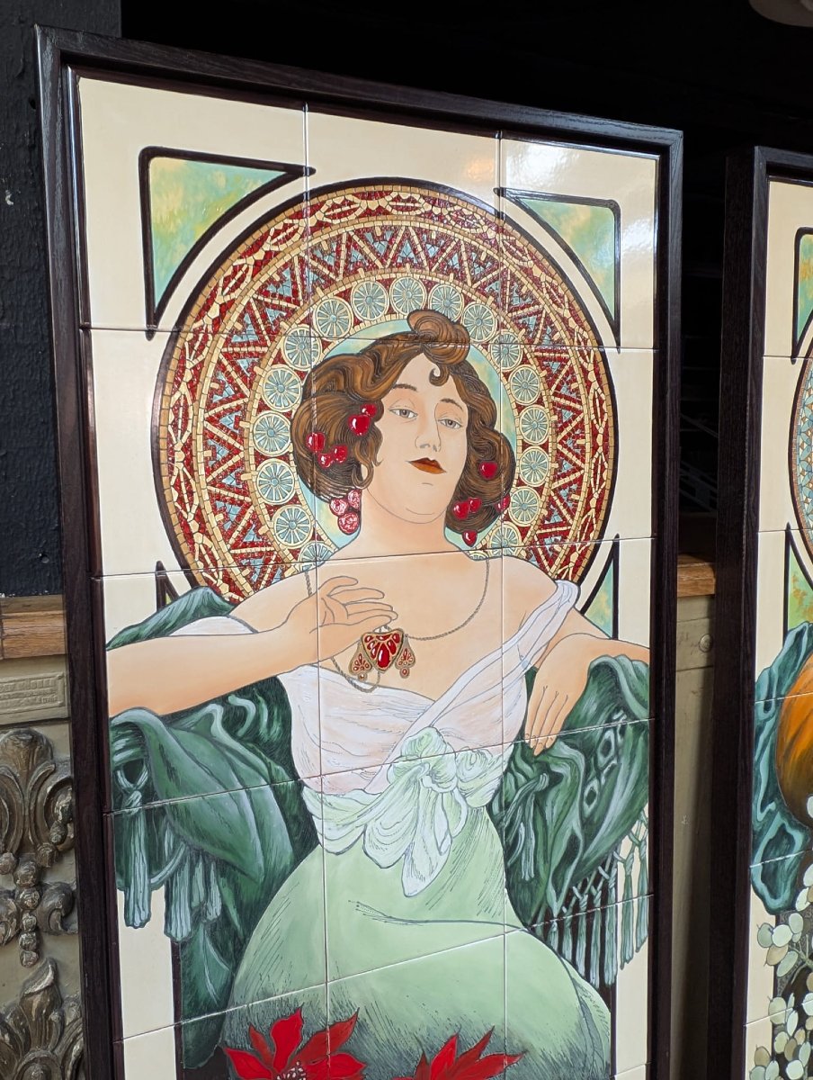 Ensemble de 4 panneaux émaux sur faïence, d’après Mucha « Les Pierres précieuses », 65 x 167 cm-photo-5