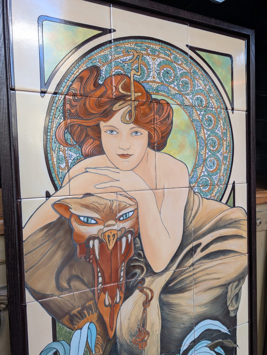 Ensemble de 4 panneaux émaux sur faïence, d’après Mucha « Les Pierres précieuses », 65 x 167 cm-photo-7