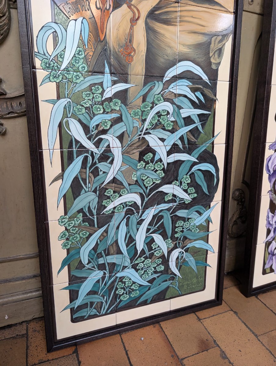 Ensemble de 4 panneaux émaux sur faïence, d’après Mucha « Les Pierres précieuses », 65 x 167 cm-photo-8