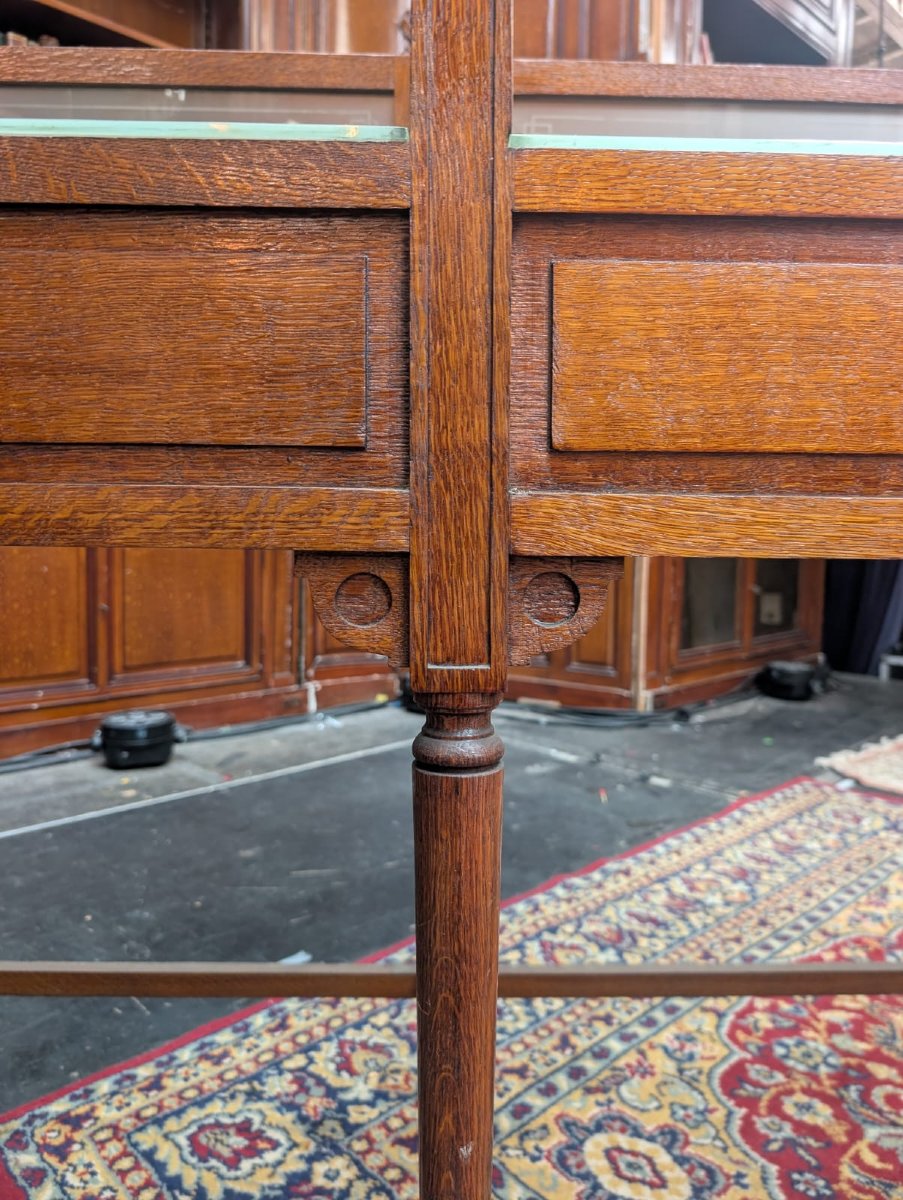 Isoloir de banque ancien en chêne à trois postes, verres dépolis gravés, 225 x 120 x 55 cm-photo-3