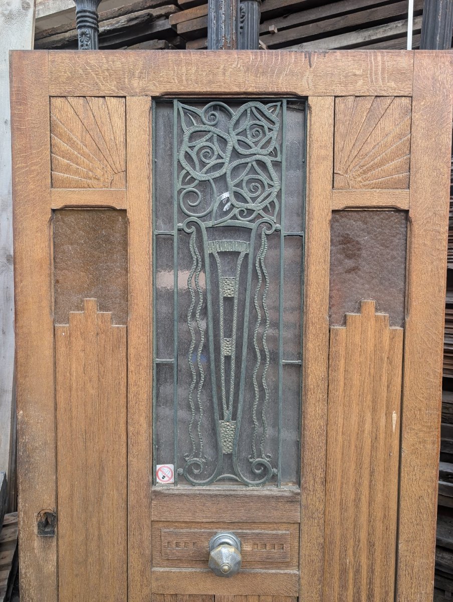 Porte d’entrée Art déco en chêne, grille en ferronnerie et vitrages, 98 x 210 cm-photo-4