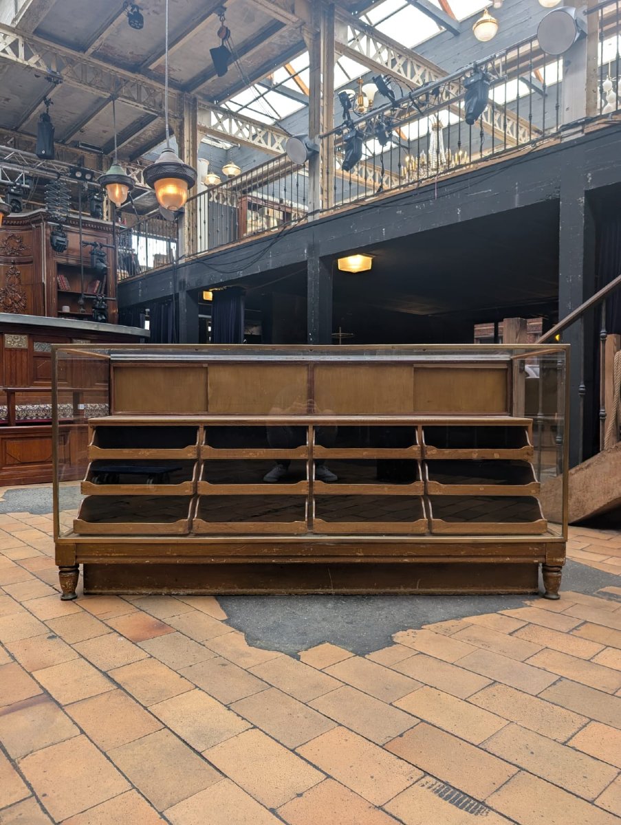 Antique Wooden And Brass Store Display Counter, 183 X 92 X 61 Cm-photo-2