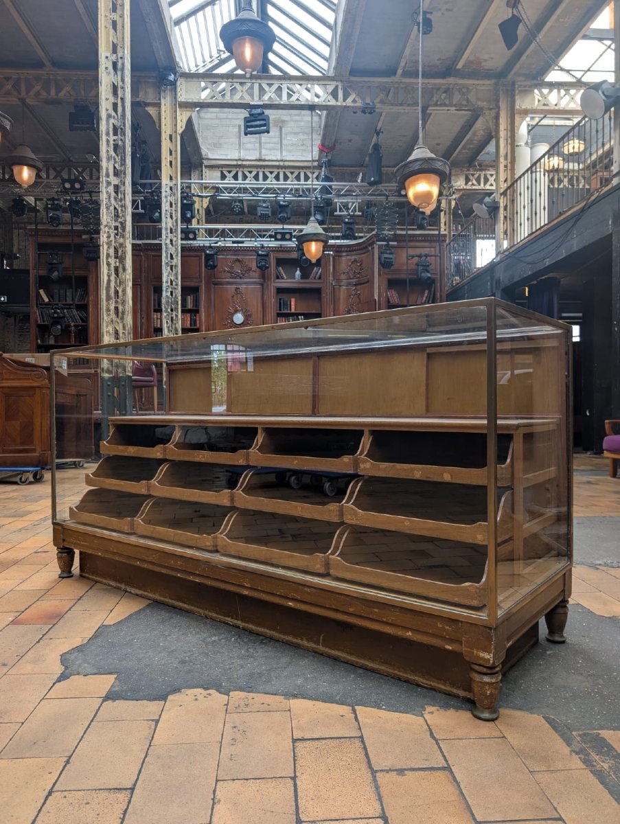 Antique Wooden And Brass Store Display Counter, 183 X 92 X 61 Cm