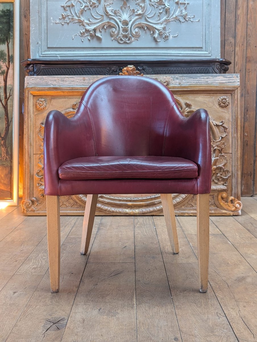 Burgundy Leather Armchair With Light Wood Legs, 60 X 88 X 60 Cm-photo-2
