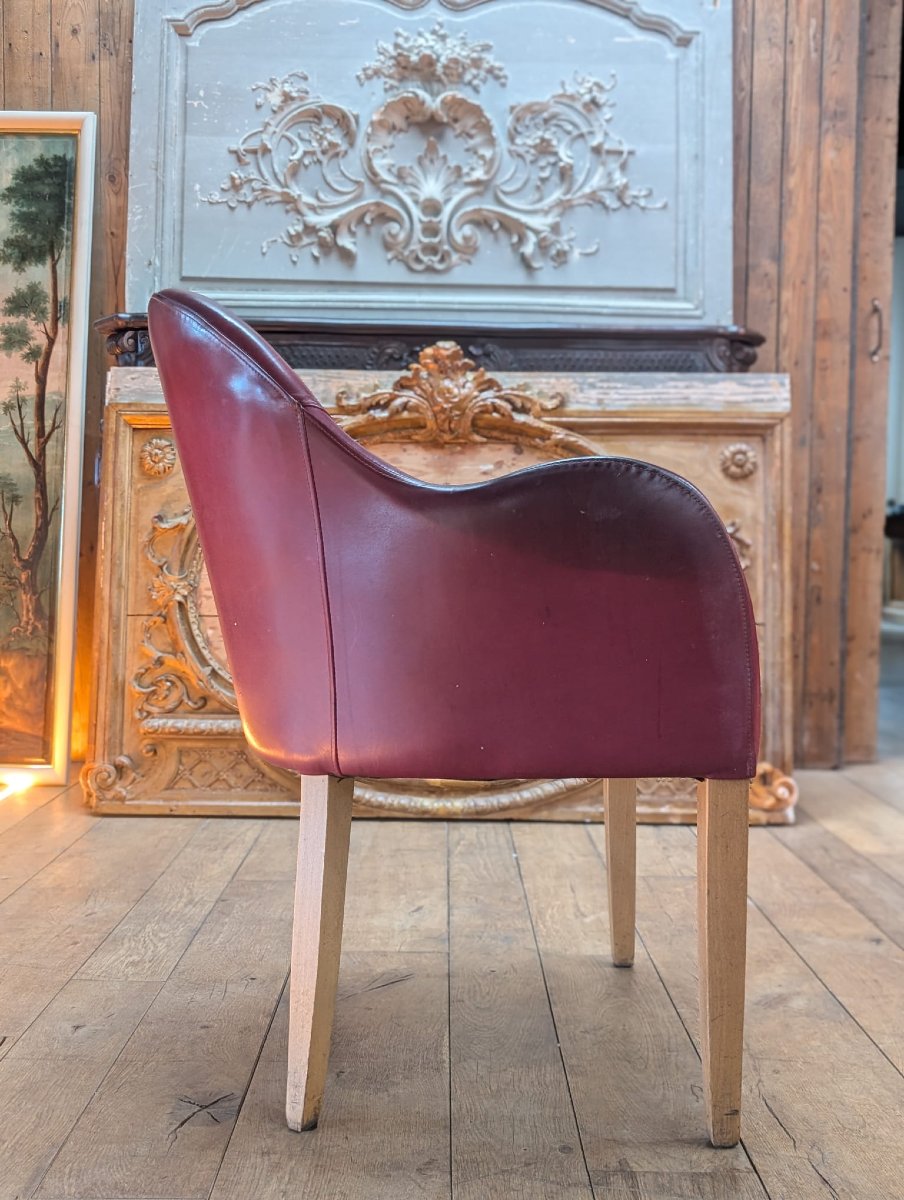 Burgundy Leather Armchair With Light Wood Legs, 60 X 88 X 60 Cm-photo-3