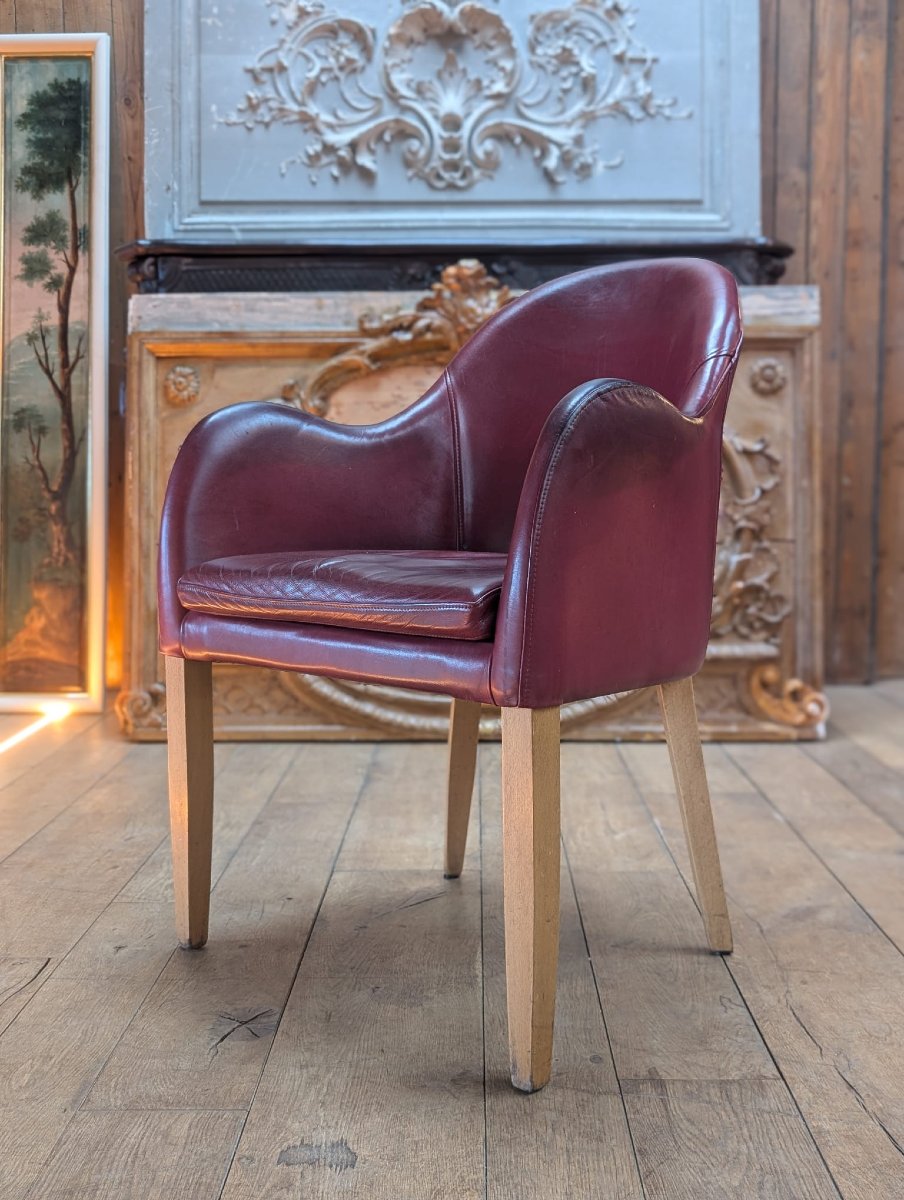 Burgundy Leather Armchair With Light Wood Legs, 60 X 88 X 60 Cm
