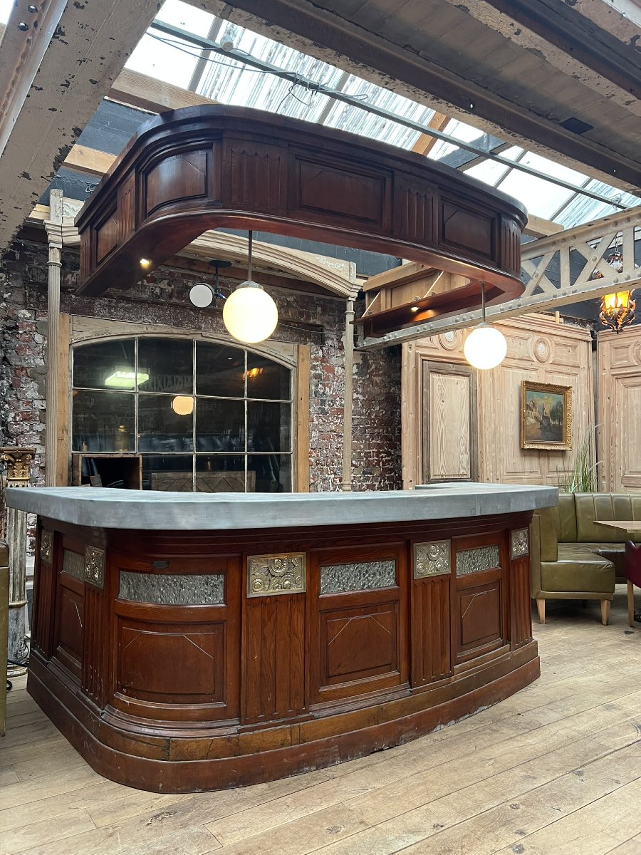 Comptoir de bar Art Déco en chêne, zinc et bronze avec dôme suspendu, 276 x 113 x 190 cm
