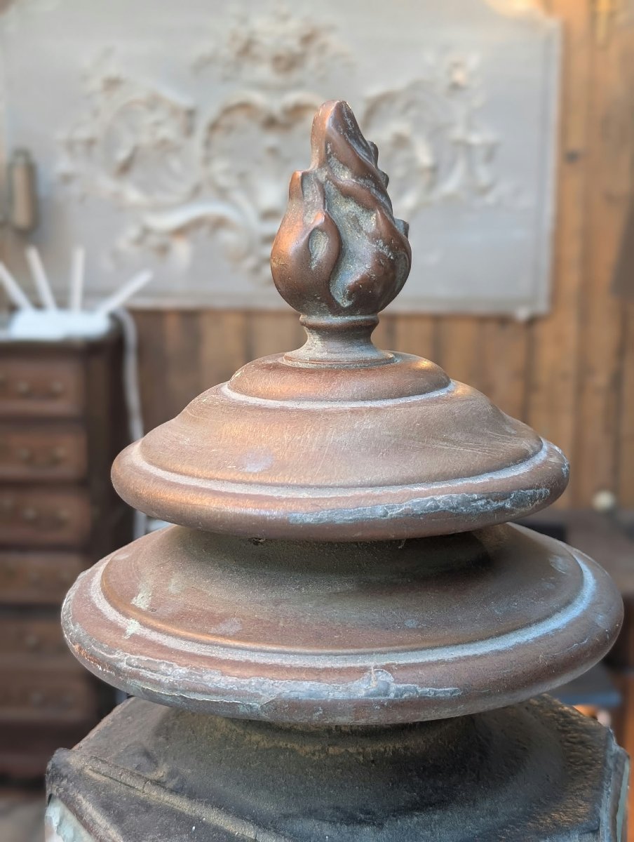 Pair Of Antique Carriage Lanterns Made Of Patinated Brass, 20 X 53 X 20 Cm-photo-4