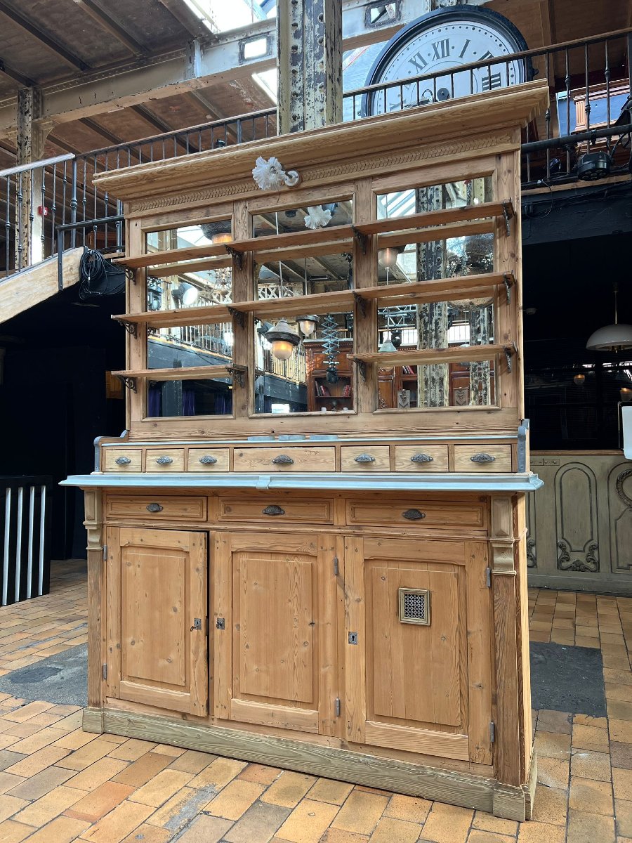 Arrière-bar ancien en sapin à dessus de zinc, miroirs et étagères, 201 x 260 x 39 cm-photo-3