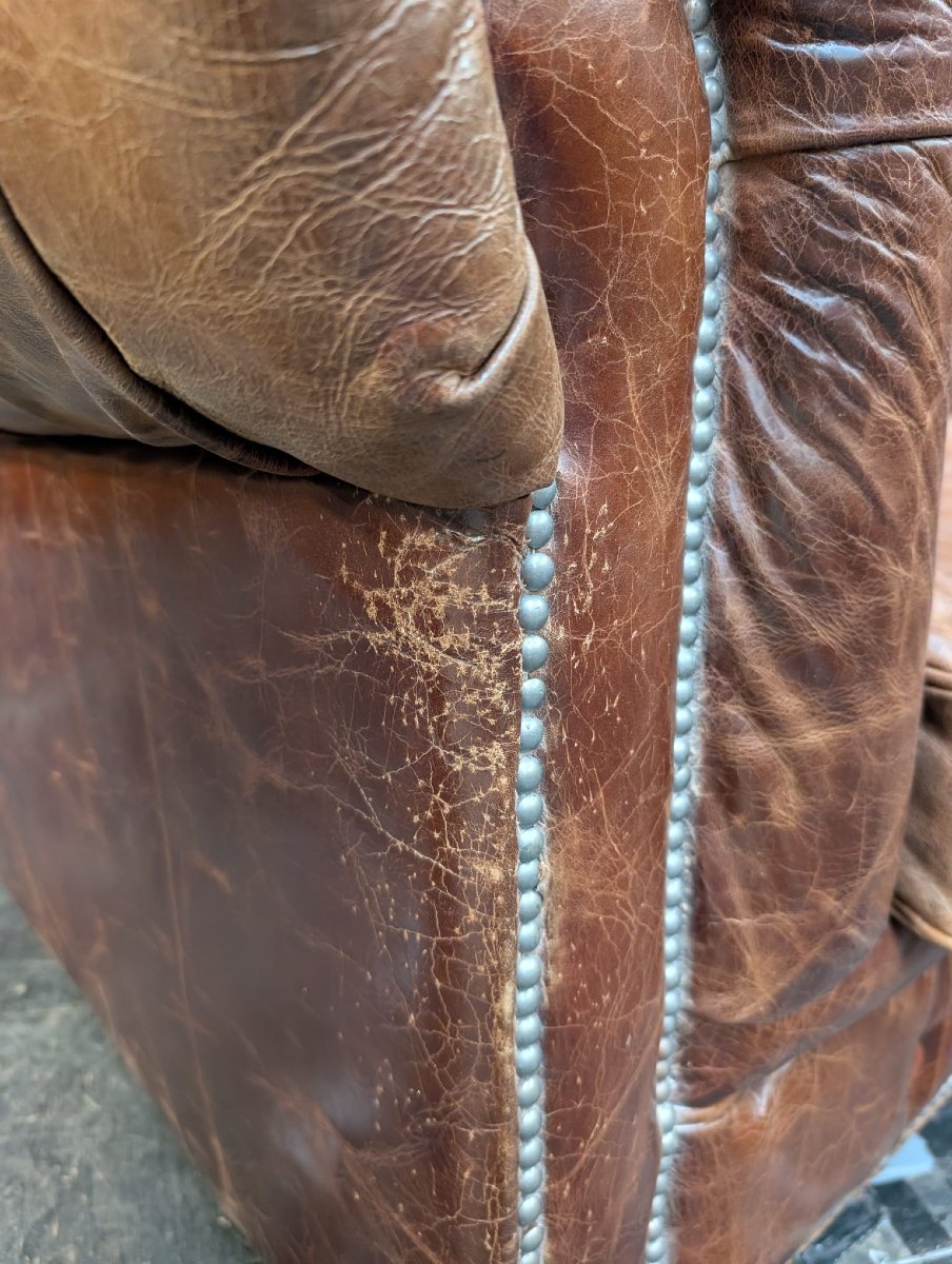 3-seater Chesterfield Sofa In Antique Brown Leather, 235 X 75 X 95 Cm-photo-3