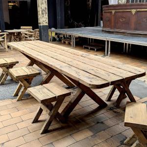 Table de ferme en sapin avec 7 tabouret