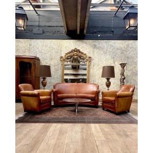 Salon club en cuir avec banquette galbé