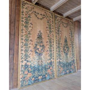 Pair Of Large Panels Printed On Silk