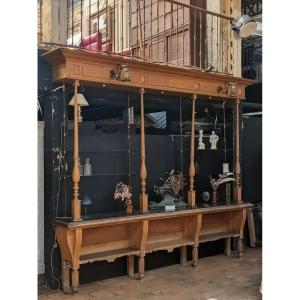 Belle époque-style Bar Bookcase In Oak, Black Marble, And Glass — Includes 2 Wall Sconces