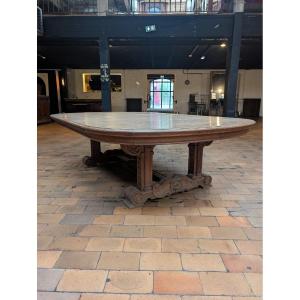 Table ovale ancienne chêne à pied sculpté — colonnes chapiteaux lion, 268 × 170 cm