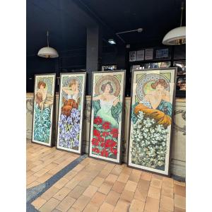 Set Of 4 Enamel-on- Earthenware Panels, After Mucha’s “precious Stones,” 65 X 167 Cm