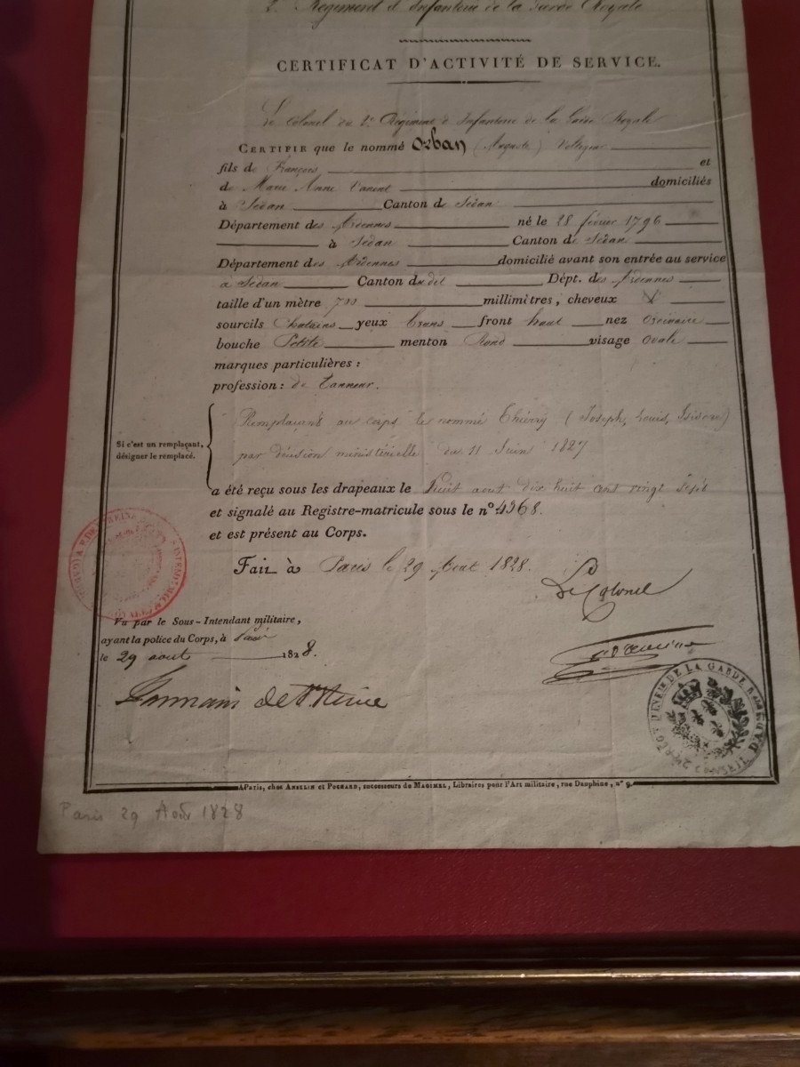 Certificat d'Un Voltigeur Du 2ème Régiment d'Infanterie De La Garde Royale Daté 1828-photo-3