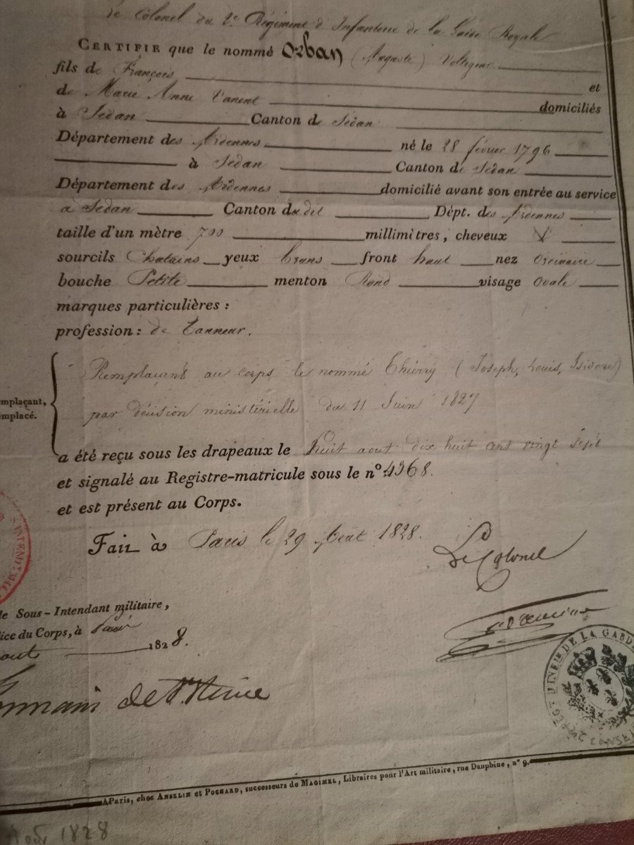 Certificat d'Un Voltigeur Du 2ème Régiment d'Infanterie De La Garde Royale Daté 1828-photo-3