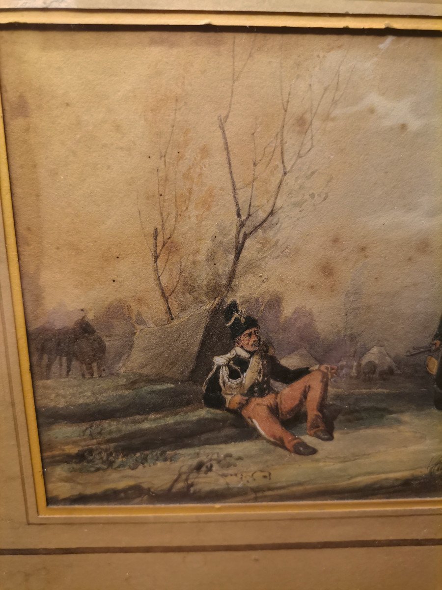 Drawing Representing A Hunter On Horseback At Bivouac Signed Noêl Dieudonné Finart Dated 1830-photo-1