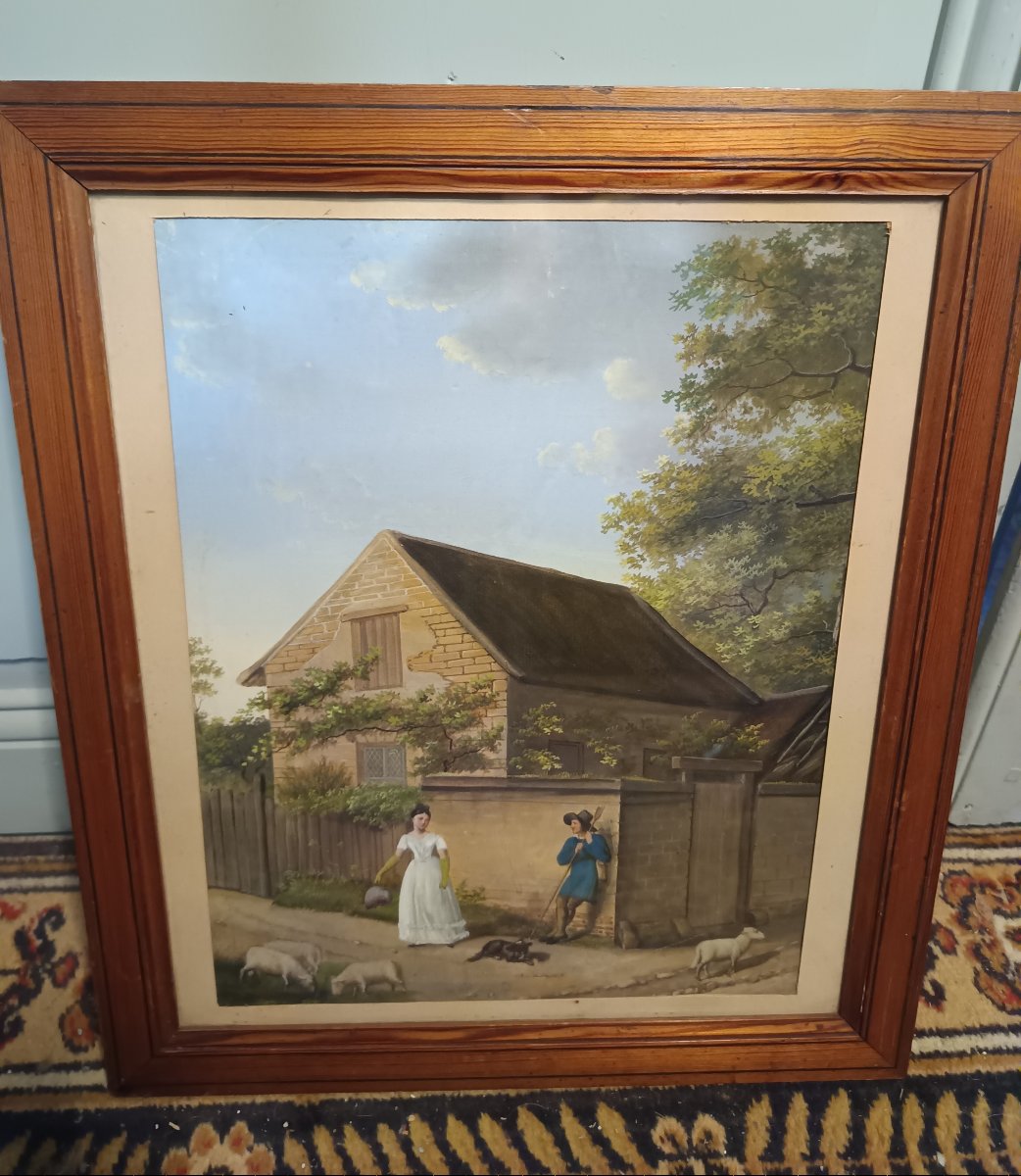 Tableau Gouache Scène Pastorale époque Empire Ou Restauration Début XIXème-photo-1