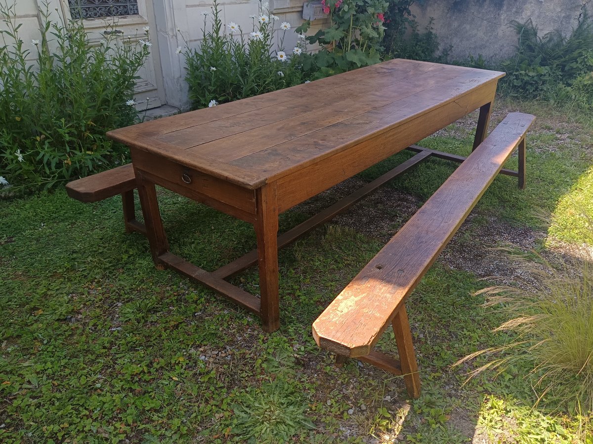 Large 2.68 M Farm Table With Benches From The Late 18th Century-photo-2