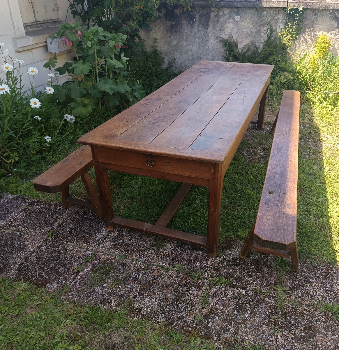 Large 2.68 M Farm Table With Benches From The Late 18th Century