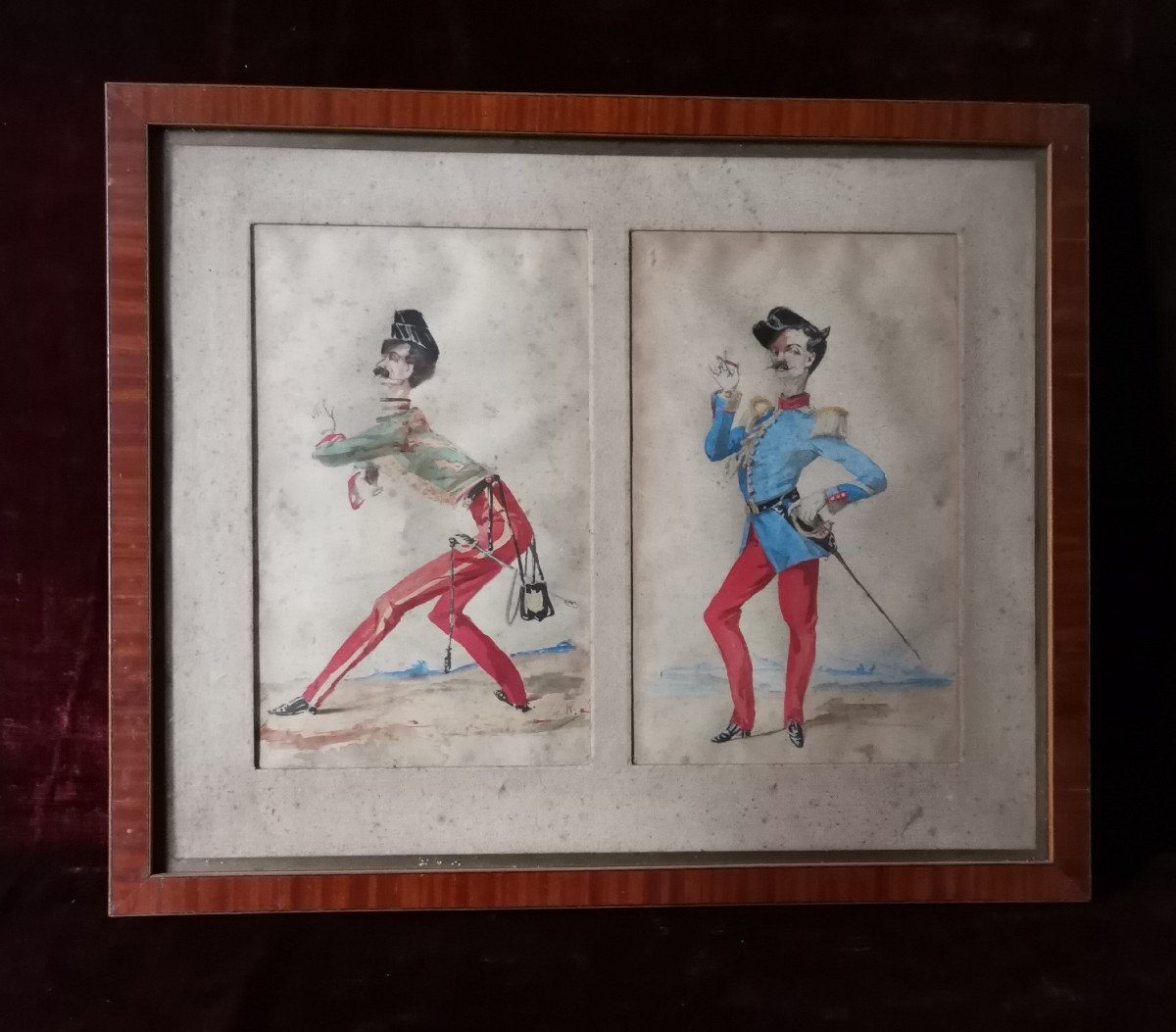 Aquarelle Représentant Deux Caricatures d'Officiers  De La Garde Impériale Du Second Empire