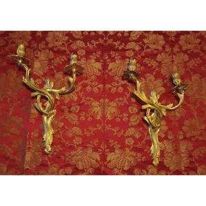 Pair Of Gilded Bronze Wall Sconces In The Louis XV Style, Late 19th Century