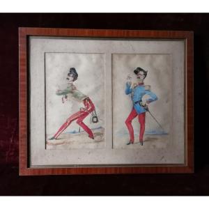 Watercolor Representing Two Caricatures Of Officers Of The Imperial Guard Of The Second Empire