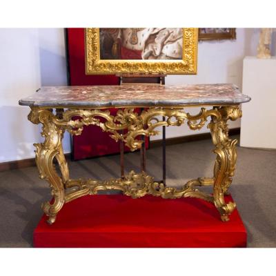 Beautiful Wall Console With Four Legs In Golden Wood. Genoa, Italy, 1740-1750.