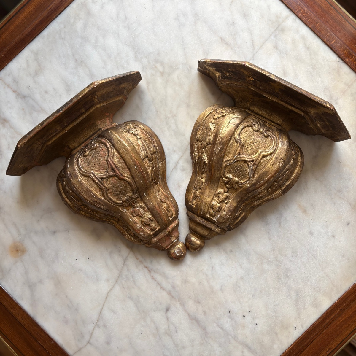 Pair Of Gilded Wood Consoles With Scrollwork-photo-2
