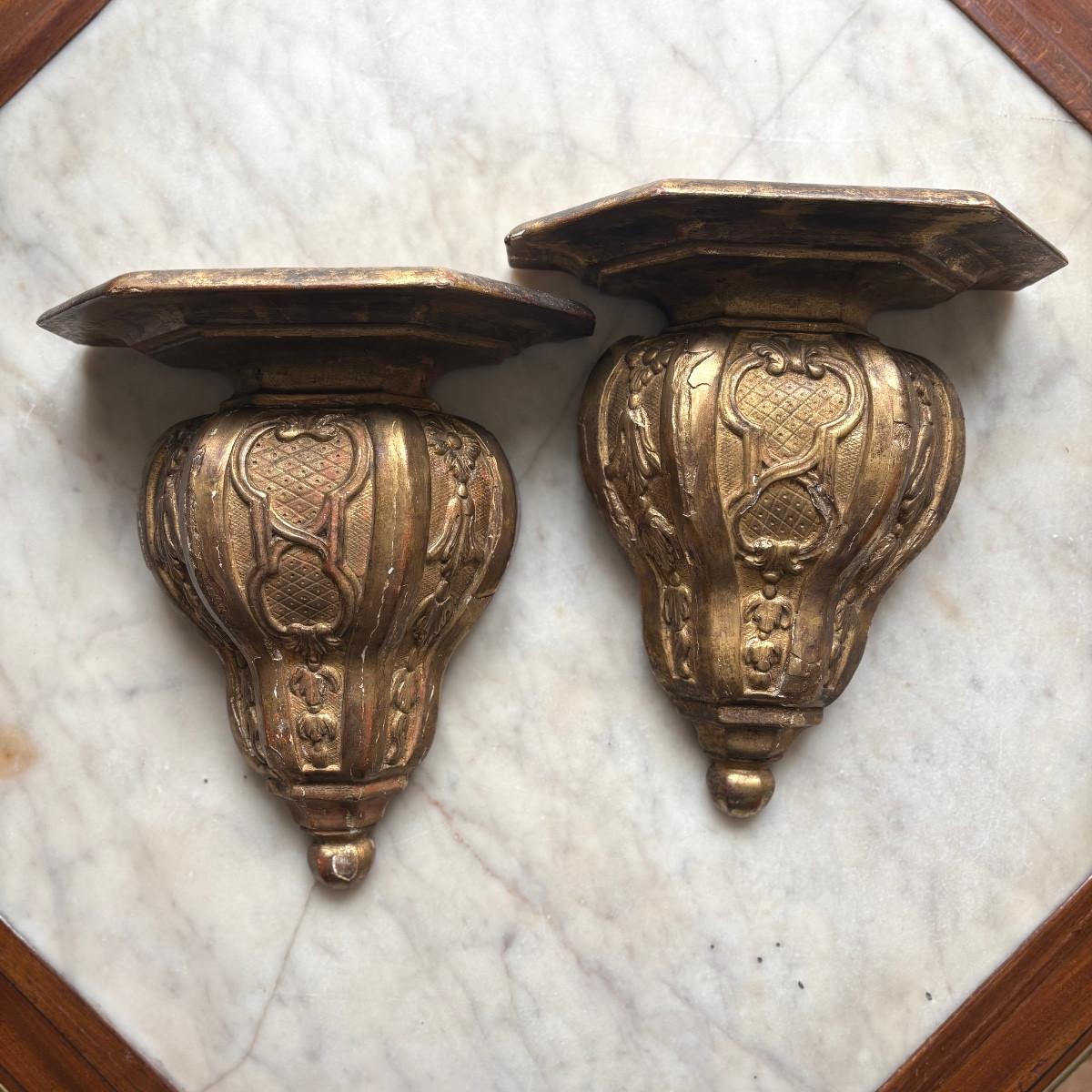 Pair Of Gilded Wood Consoles With Scrollwork