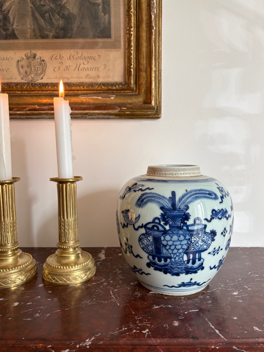 Pot à gingembre en porcelaine blanc et bleu d’époque Kangxi