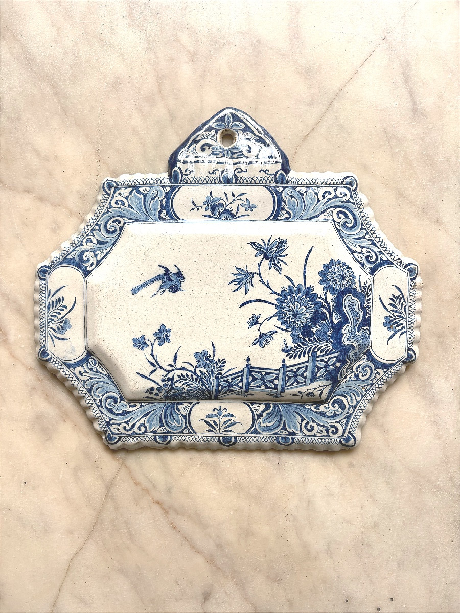 Delftware Plaque Decorated With A Flowering Hedge And A Pierced Rock 