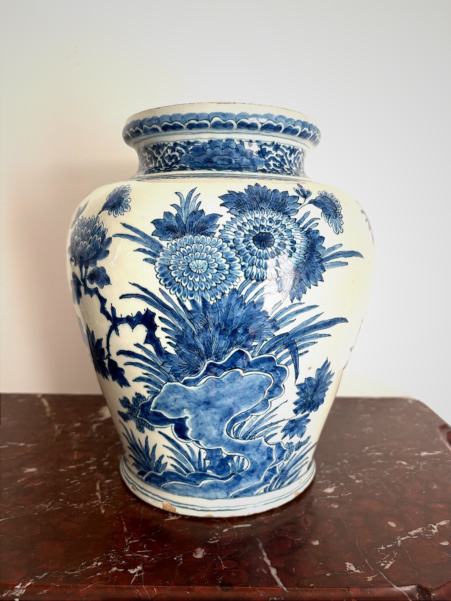 Delft Earthenware Vase Decorated With Chrysanthemums-photo-3