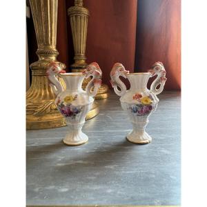 A Pair Of Miniature Meissen Porcelain Vases With Dolphin-shaped Handles.