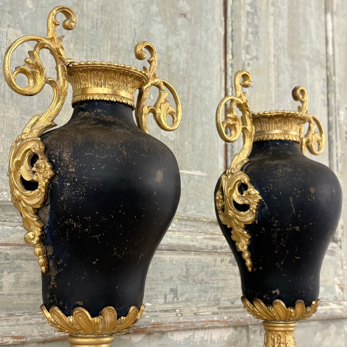 Paire de vases en bronze et tôle XIXe-photo-4