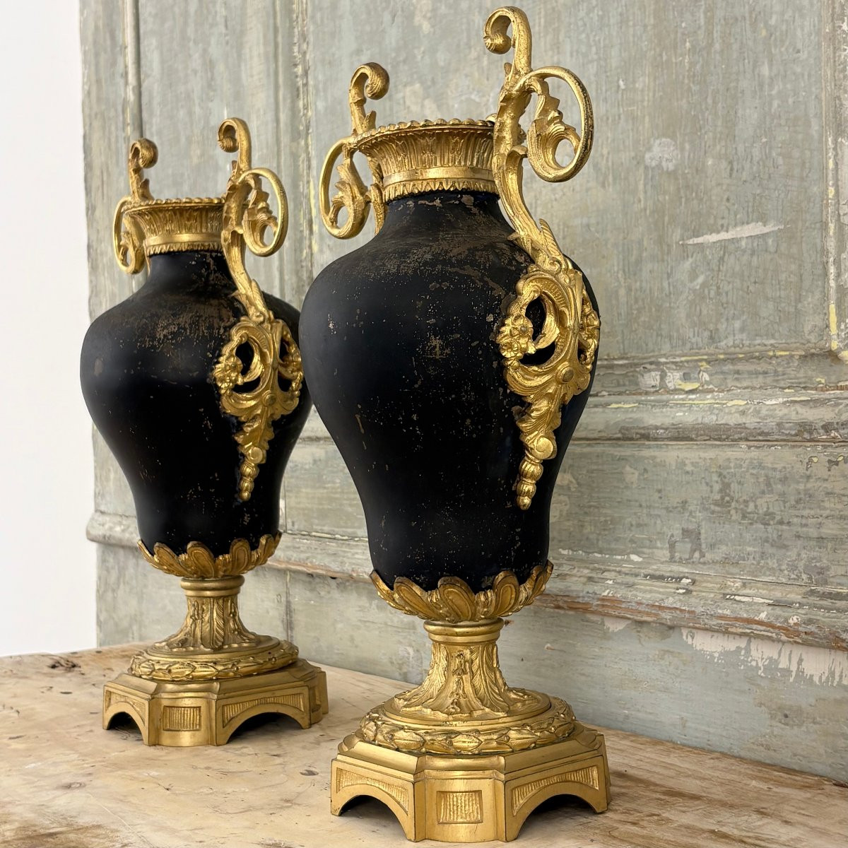 Paire de vases en bronze et tôle XIXe-photo-2