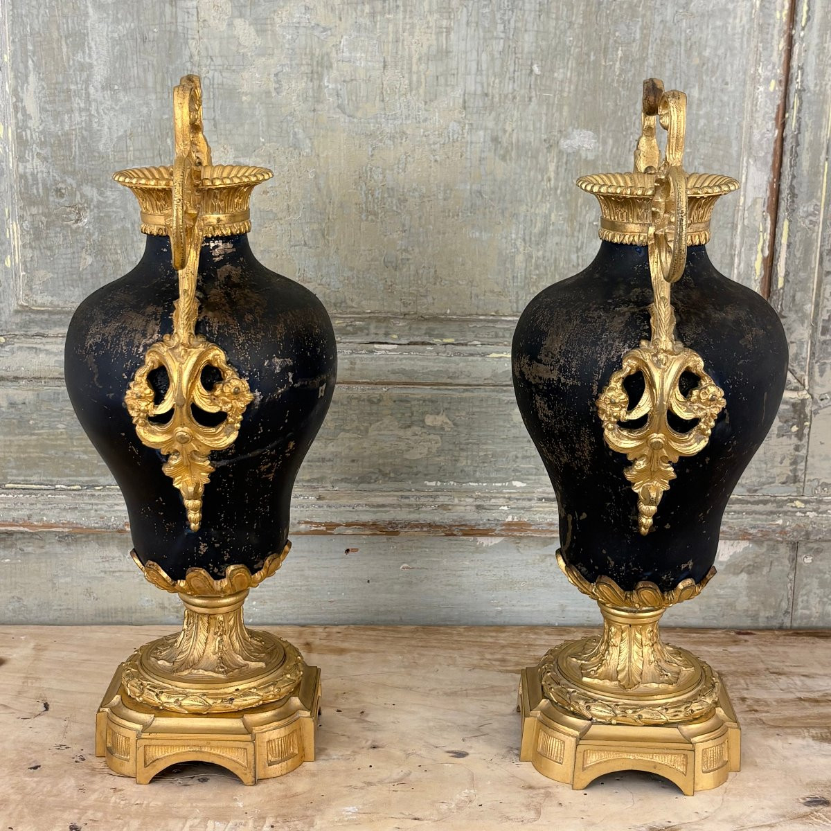 Paire de vases en bronze et tôle XIXe-photo-6