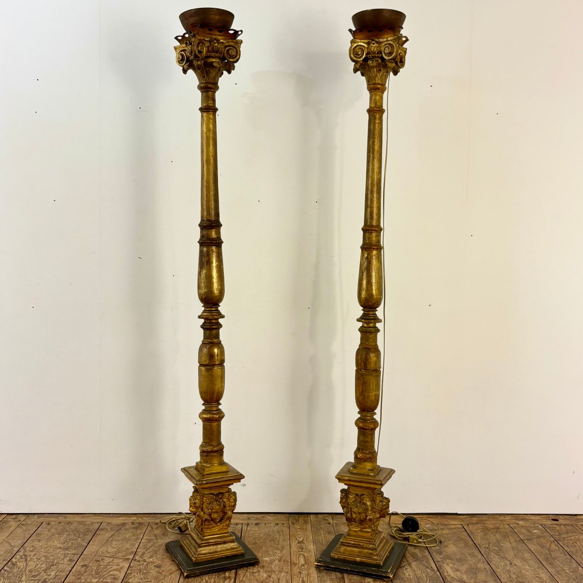 Pair Of Large 17th-century Gilded Wooden Candelabras