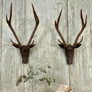 Pair Of Wooden Deer Heads XIX