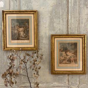Paire de gravures encadrées fin XVIIIe d'après Fragonard