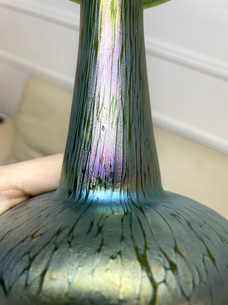 Art Nouveau Iridescent Glass Vase By Loetz Creta, Modernist Butterfly Design-photo-5