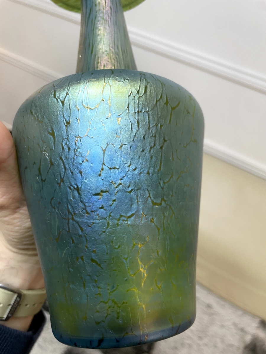 Art Nouveau Iridescent Glass Vase By Loetz Creta, Modernist Butterfly Design-photo-6