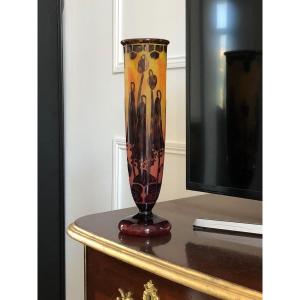 Vase Art Deco En Verre Gravé à L’´acide Schneider Le Verre Français Decor Campanules