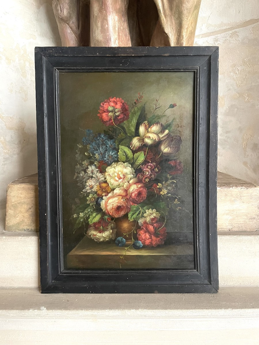 Bouquet de fleurs – Huile sur panneau signée