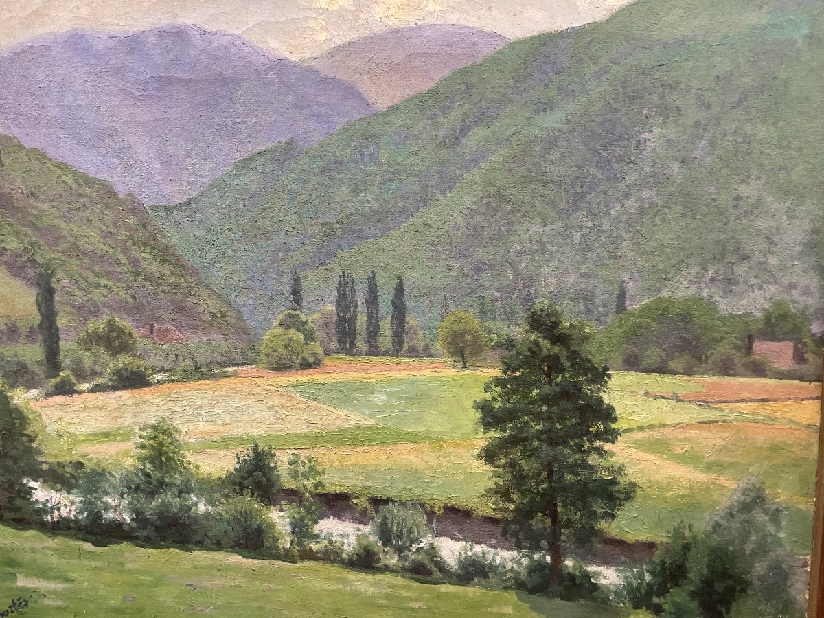 Auguste Courtès (XIXᵉ–XXᵉ siècle) – 'La vallée du Gave vers Lourdes' - huile sur toile-photo-2
