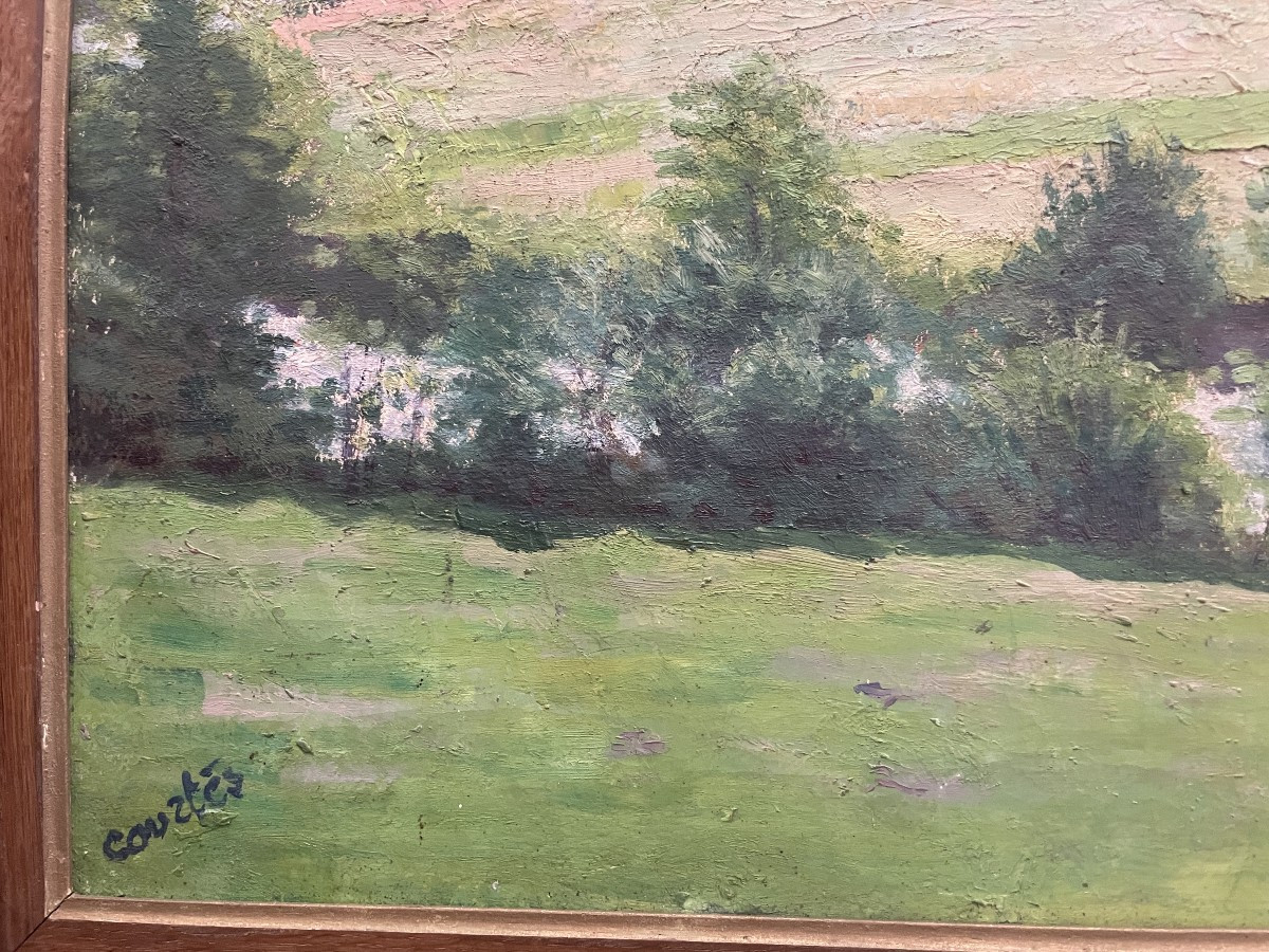 Auguste Courtès (XIXᵉ–XXᵉ siècle) – 'La vallée du Gave vers Lourdes' - huile sur toile-photo-3